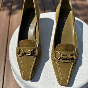 Prada olive green suede buckle and D-ring detail heeled loafers